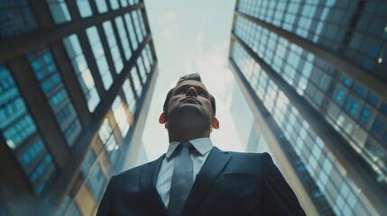 Poster - A man in a suit standing in front of modern tall buildings. Suitable for business and corporate concepts