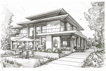 Aufkleber - A sketch of a modern house with a patio, suitable for architectural projects