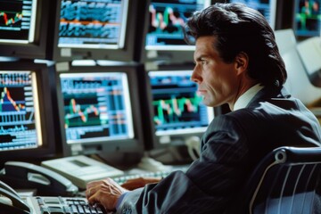 Aufkleber - Stock market professional analyzes multiple graphs and data on screens for investment opportunities and financial growth