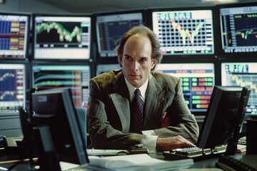 Poster - Confident stock trader in a suit at an office filled with monitors displaying financial data