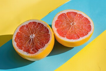 Poster - Fresh grapefruit halves on colorful background. Suitable for food and healthy lifestyle concepts