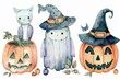 A spooky painting featuring three Halloween pumpkins and a black cat. Perfect for Halloween decorations or themed projects