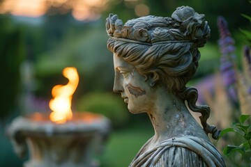 A statue with intricate detailing in a garden setting with a lit torch providing a warm backdrop