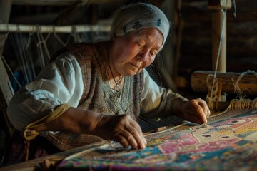 Aufkleber - Elderly woman concentrates deeply while handweaving on an ancestral loom in a rustic setting