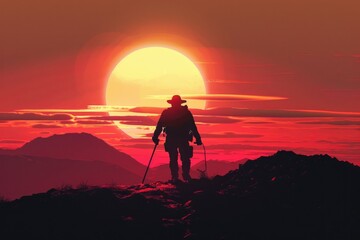 Aufkleber - A man standing on top of a mountain at sunset. Ideal for travel and adventure concepts