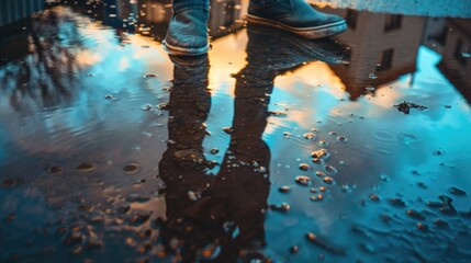 Poster - Person standing in the rain with an umbrella. Suitable for weather-related concepts