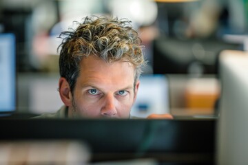 Aufkleber - A focused photo capturing a male employee with curly hair working attentively at his desk in a bustling office setting