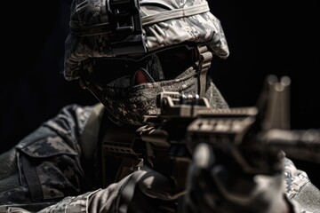 Poster - A soldier holding a gun, ready for action. Suitable for military or security concepts