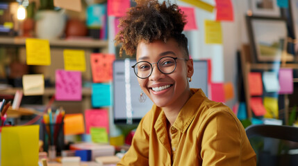 Wall Mural - Smiling african american girl at her workplace, working hard in the office at her desk. Pleasant working atmosphere