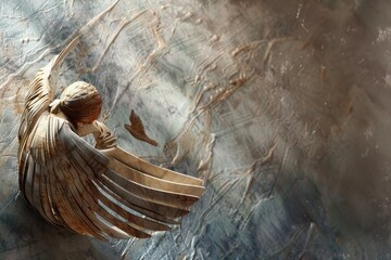 Wall Mural - A serene angel statue on a textured stone wall. Suitable for religious themes or architectural design concepts