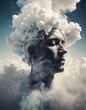 man with smoke in his head and clouds surrounding him.
