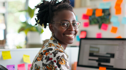 Wall Mural - Smiling african american girl at her workplace, working hard in the office at her desk. Pleasant working atmosphere