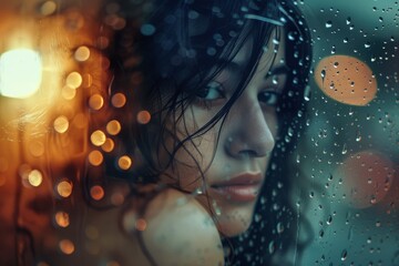 Aufkleber - A serene rainy scene viewed through a glass window with droplets, overlayed by reflective bokeh lights creating a tranquil atmosphere