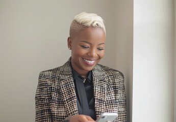 A professional African American woman with short blonde hair smiling at her phone in an office setting