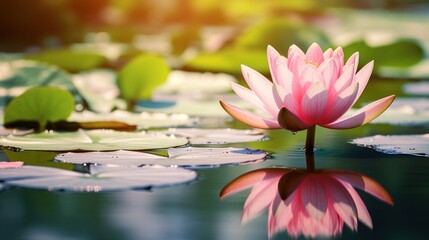 Wall Mural - Vibrant Pink Lotus Flower Floating on Pond