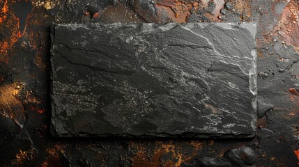 A black stone slab with a white border. The stone is rough and has a weathered look
