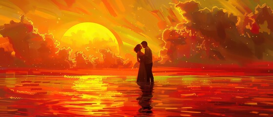 Wall Mural - couple in a realistic sun down on a ocean