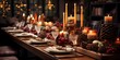decorated christmas table with candles and pine cones, panorama