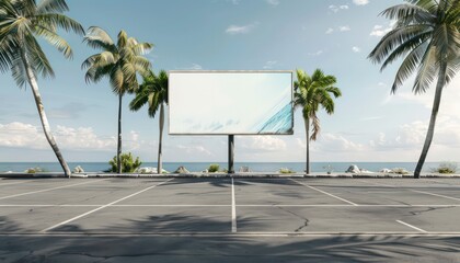 billboard on empty parking lot with tropical landscape