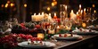 © I - Festive table setting for christmas dinner. Festive table decoration with candles. Festive table setting for winter holidays.