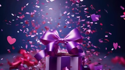 Wall Mural - A purple box with a bow on top of it is surrounded by pink confetti