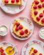 Beautiful lemon tart slices on vintage plates with fresh raspberries and honey, arranged in an elegant pattern against the soft pink backdrop of a kitchen table. 
