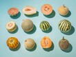 Pattern made of various types of melon fruits on peachy pastel background. Minimal food still life concept.	