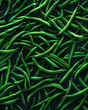 A pile of fresh green beans, on a black background, in a surreal photography style, top view. Minimal food still life concept.	