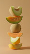 A stack of fresh sliced juicy melon fruits on peachy pastel background. Minimal food still life concept.	