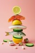 А stack of fresh sea fish, lemons and vegetables on pastel pink background. Minimal food still life concept.	