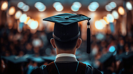 Back view of a male student wearing a graduation hat and gown at the university