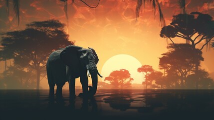 cute elephant, and silhouette are gradually blended with the African landscape forest background