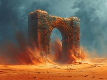 A Fantastical Gate Entrance Is Depicted Within A Vast Desert Landscape, Dominated By Sweeping Dunes And An Expansive, Clear Sky