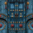 Capturing the intricate details and vibrant colors of ornately decorated traditional doors with gold accents in high-resolution photography, seamless