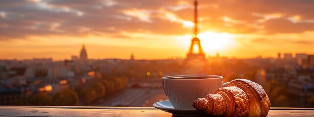 Wall Mural - Croissant and coffee on a table with the Eiffel Tower in