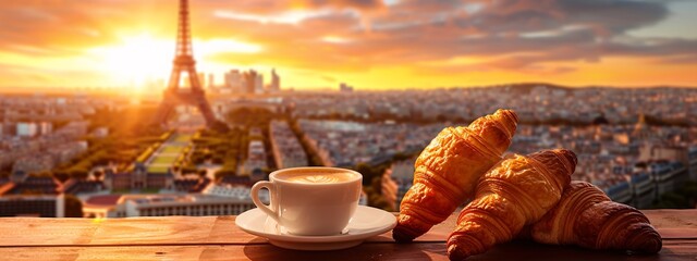 Wall Mural - Croissant and coffee on a table with the Eiffel Tower in