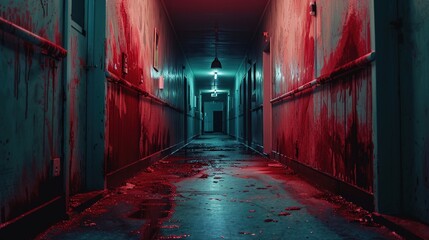 Fototapeta bloody hallway, halloween environment, horror background, sanatarium or hospital, prison --ar 16:9 job id: c5e0a0ca-1759-4805-9016-eb24a638f9ef