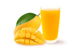 Glass of mango  juice and mango slice and leaves isolated on white background.