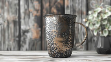 Wall Mural - Blank mockup of a textured metal coffee mug with a hammered finish and rustic charm. .
