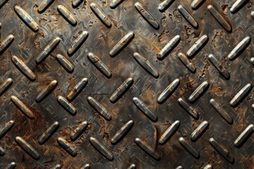 Close-up of rusted metal surface with square pattern. Weathered and textured industrial detail