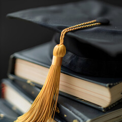 A black cap with a gold tassel sits on top of a stack of books. The cap is a symbol of academic achievement and the books represent knowledge and learning
