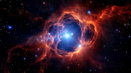 red blue orange exploding star nebula, celestial astronomy, interstellar clouds dust gas