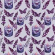 Purple scented candle and lavender butterfly, fabric pattern, seamless, textile, fashion, summer vintage fashionable wallpaper design, illustration, background