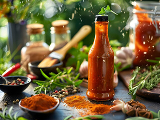 Wall Mural - A bottle of hot sauce sits on a table with other condiments. The bottle is almost empty, and the table is covered with various spices and condiments. Concept of abundance and variety