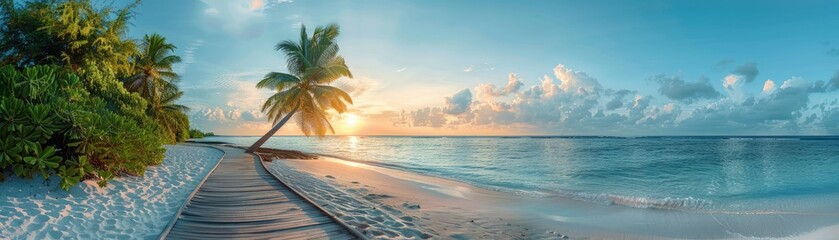 Wall Mural - Wooden path leading to a tropical beach with a palm tree
