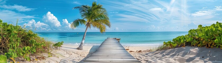 Wall Mural - Wooden path leading to a tropical beach with a palm tree