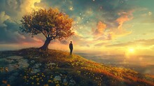 A Serene Scene Depicting A Lone Individual Standing On A Grassy Hill At Sunset. The Hill Is Covered With Yellow Flowers And Dotted With Rocks, Leading To A Vibrant, Leafy Tree On One Side. Autumn Leav