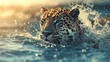 A majestic leopard emerges from the water, its body partially submerged. The focus is on its intense gaze and beautifully spotted fur, highlighted by sunlight that creates a warm golden glow and a bok