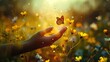An outstretched human hand gently holds a butterfly against a backdrop of vibrant yellow flowers. The sunlight creates a warm, golden atmosphere, with light flares and sparkling particles floating in 