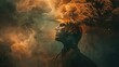 The image showcases an artistic creation where a person's profile is superimposed with an explosive cloud-like effect emanating from their head, resembling a volcanic eruption or a mushroom cloud. The